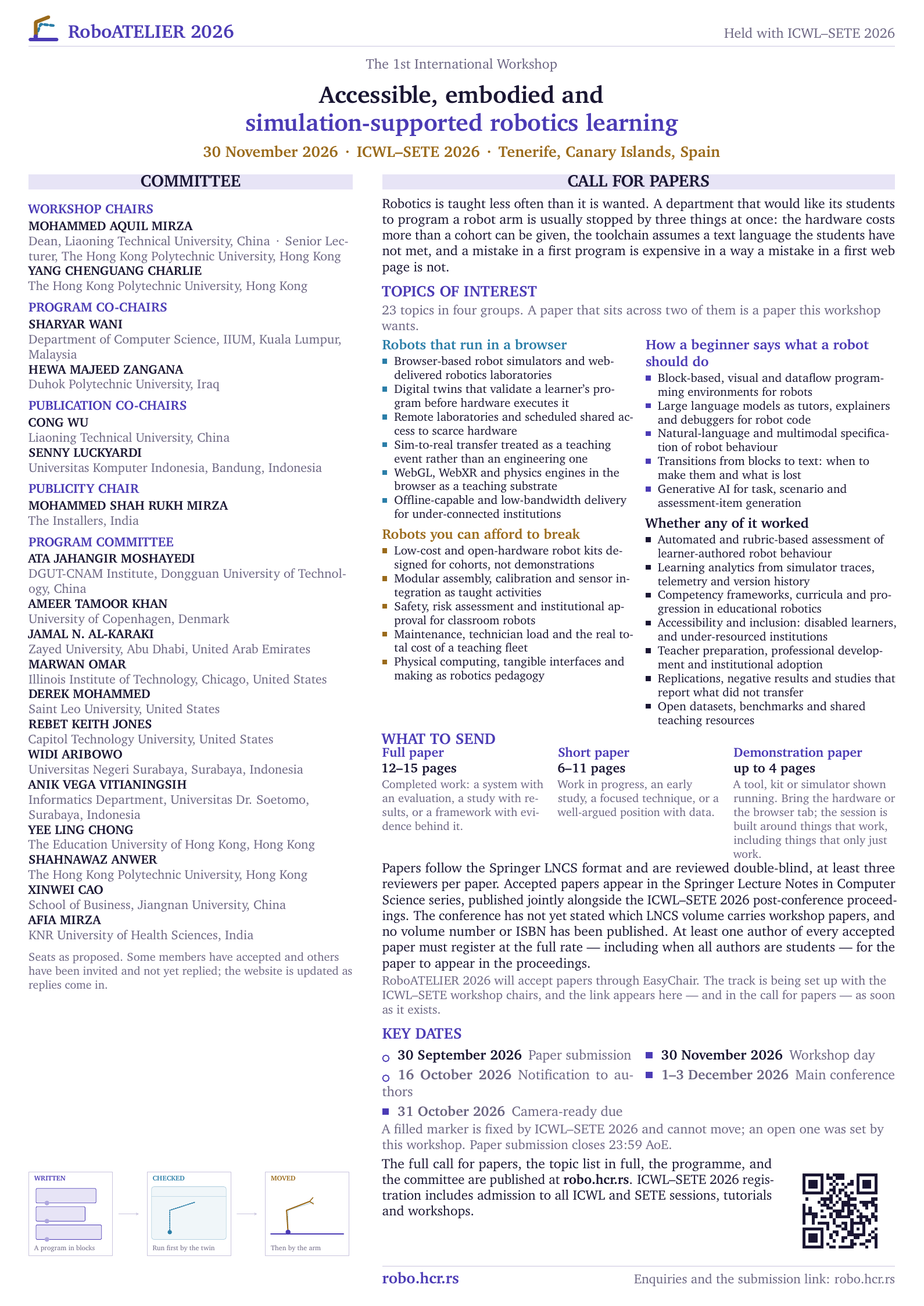 RoboATELIER 2026 A0 call-for-papers poster